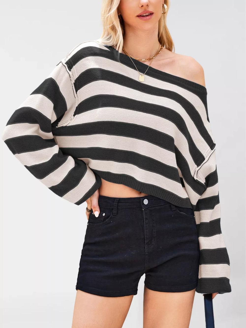 Striped Dropped Shoulder Sweater - Trendsi - Flyclothing LLC