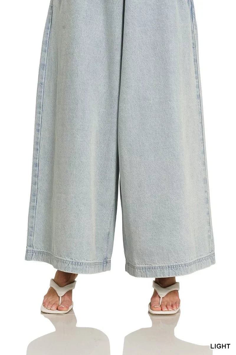 Zenana Denim Light Washed Wide Leg Overalls - Trendsi - Flyclothing LLC