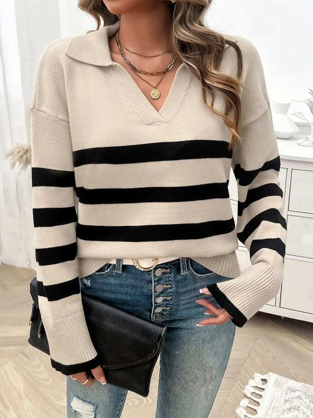 Striped Collared Neck Long Sleeve Sweater - Trendsi - Flyclothing LLC