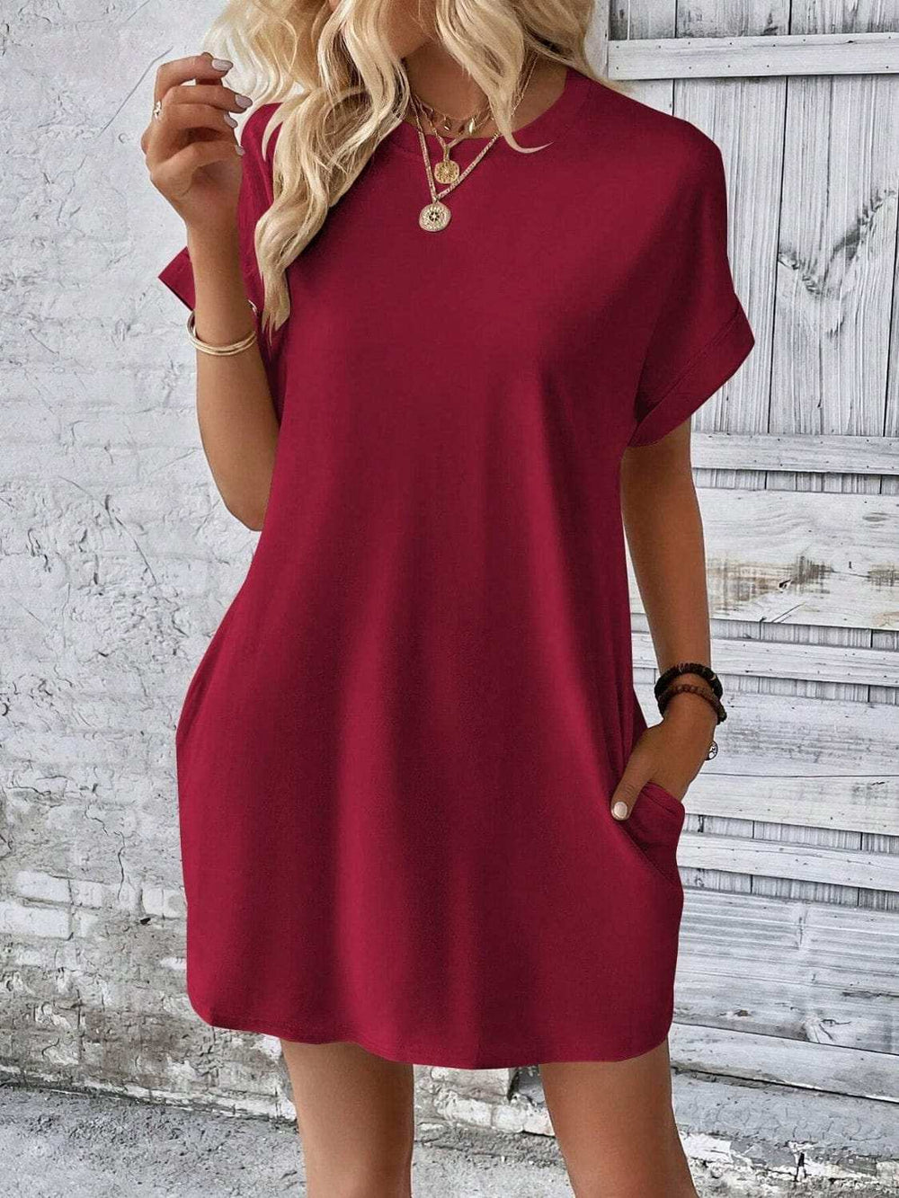 Round Neck Short Sleeve Mini Dress - Trendsi - Flyclothing LLC