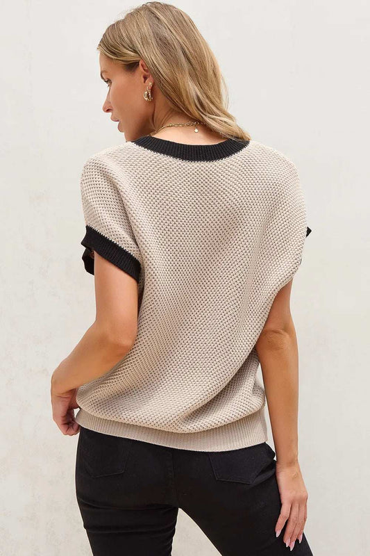 Textured Knit Sweater with Contrast Trim Details - Trendsi - Flyclothing LLC