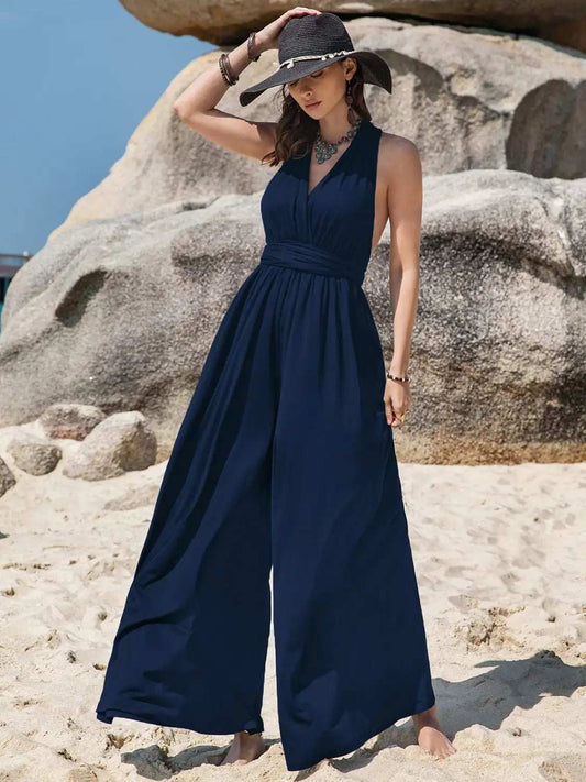 Surplice Wide Leg Jumpsuit with Free Tie - Trendsi - Flyclothing LLC