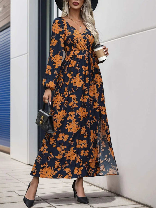 Split Printed Surplice Long Sleeve Midi Dress - Trendsi - Flyclothing LLC