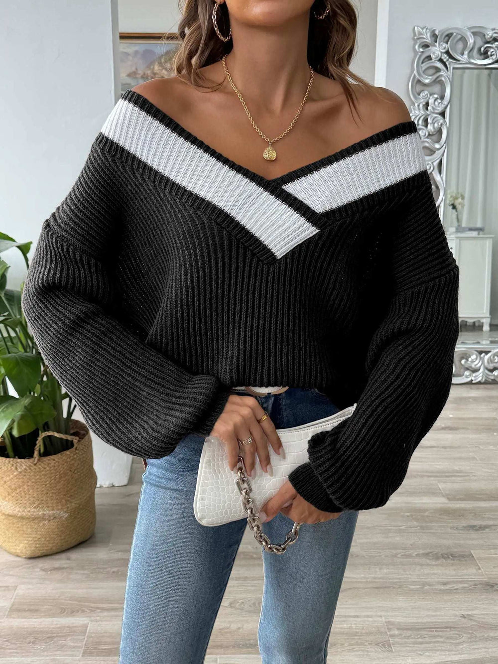 Contrast Dropped Shoulder Long Sleeve Sweater - Trendsi - Flyclothing LLC