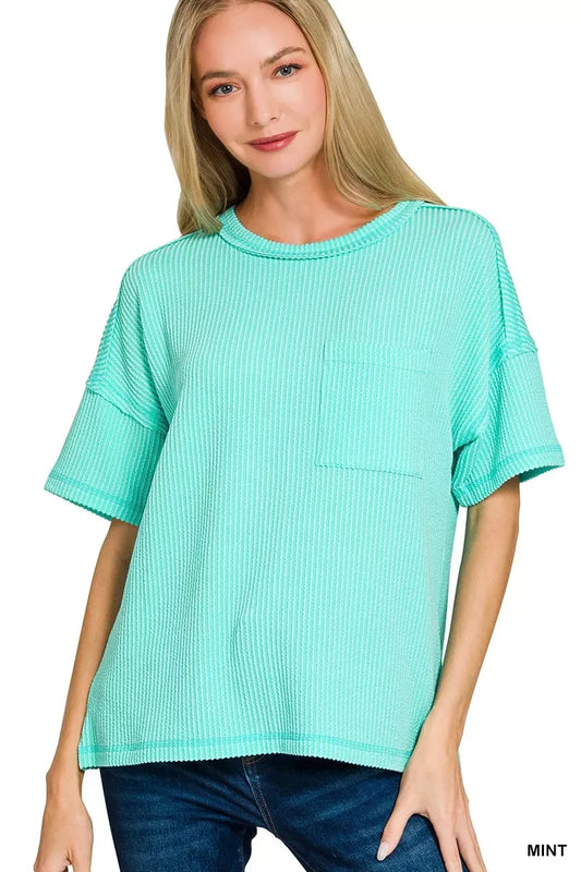 Zenana Raised Rib Exposed Seam Short Sleeve Top - Trendsi - Flyclothing LLC