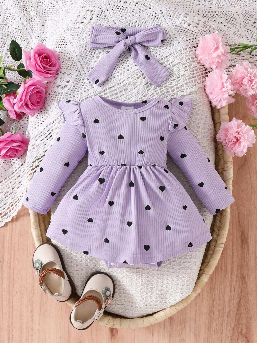 Children's Heart Print Ruffle Trim Bodysuit Dress with Headband - Trendsi - Flyclothing LLC
