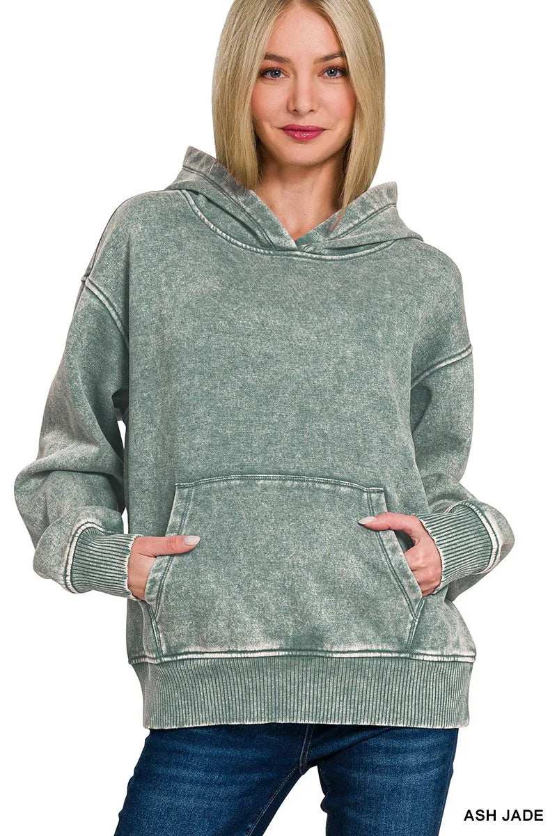 Zenana Fleece Acid Wash Kangaroo Pocket Hoodie - Trendsi - Flyclothing LLC
