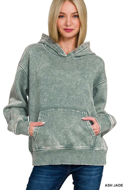 Zenana Fleece Acid Wash Kangaroo Pocket Hoodie - Trendsi - Flyclothing LLC