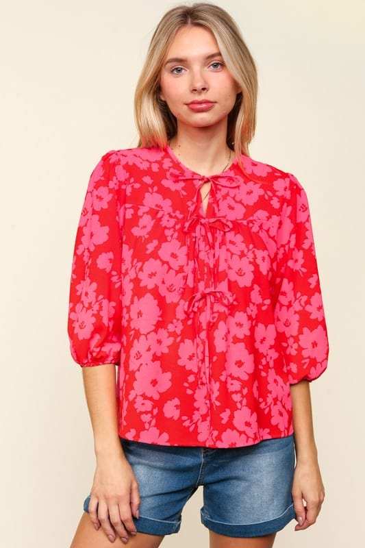 Haptics Full Size Ribbon Bow Floral Balloon Sleeve Blouse - Trendsi - Flyclothing LLC