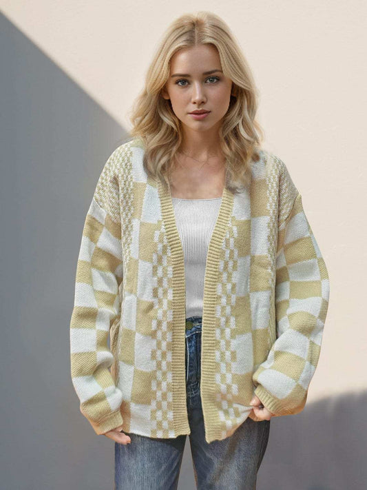 Double Take Checkered Open Front Dropped Shoulder Cardigan - Trendsi - Flyclothing LLC