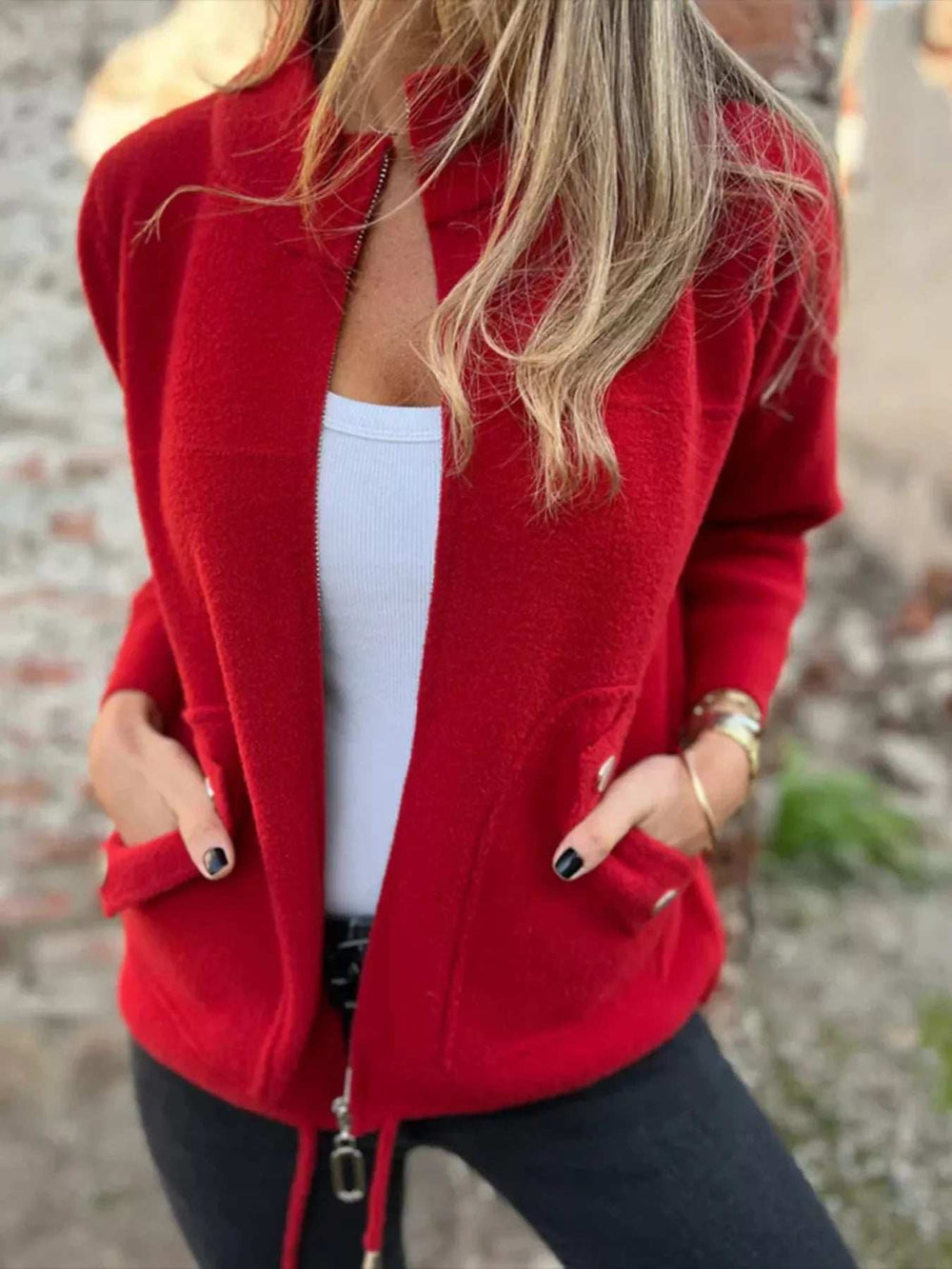 Full Size Textured Knit Zip Up Outerwear Plus Size - Trendsi - Flyclothing LLC