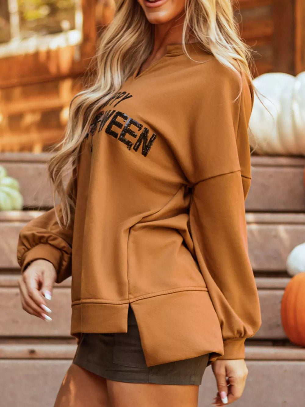 Happy Halloween Graphic Notched Long Sleeve Loose Top - Trendsi - Flyclothing LLC