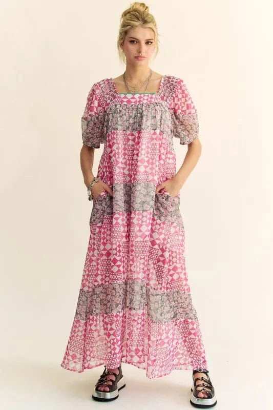 Davi & Dani Multi Floral Square Neck Puff Sleeve Maxi Dress - Trendsi - Flyclothing LLC