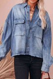Collared Neck Raw Hem Long Sleeve Denim Shirt - Trendsi - Flyclothing LLC