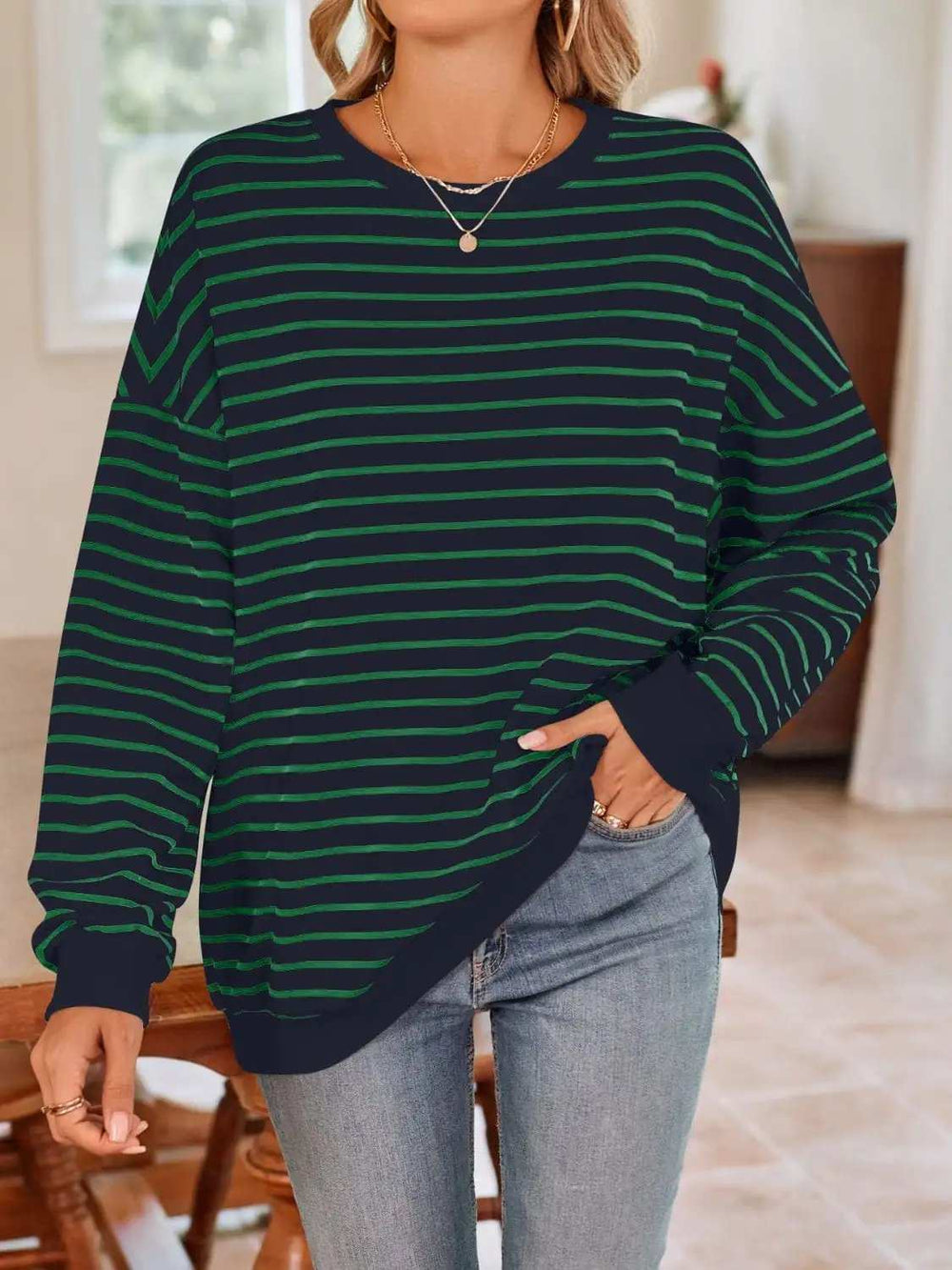 Striped Round Neck Long Sleeve Sweatshirt - Trendsi - Flyclothing LLC