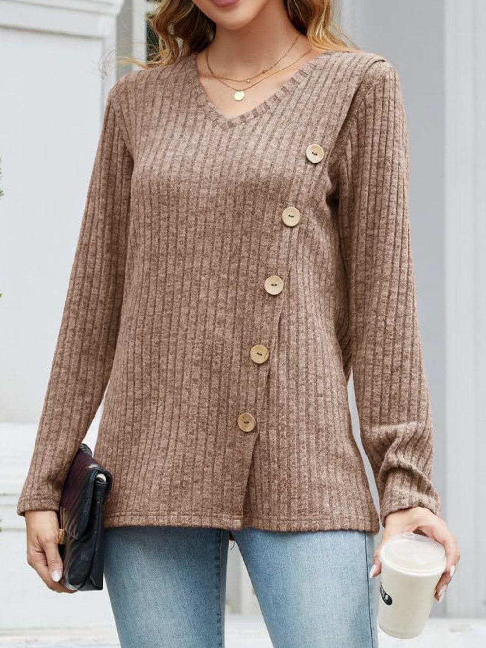 V-Neck Long Sleeve T-Shirt - Trendsi - Flyclothing LLC