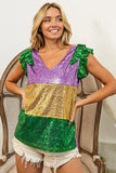 BiBi Mardi Gras Sequin Color Block Ruffled Top - Trendsi - Flyclothing LLC