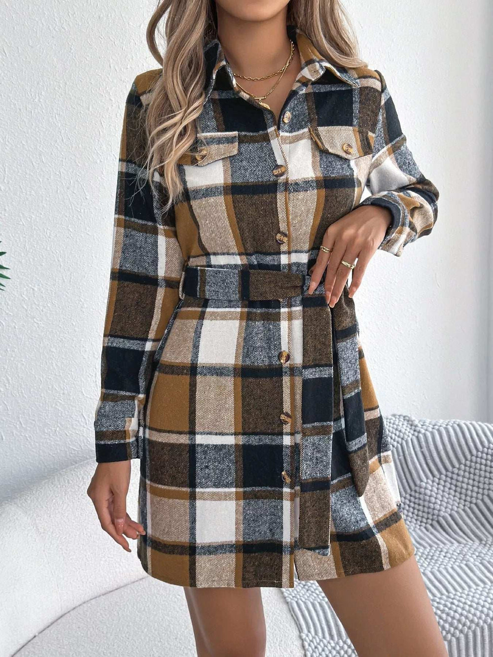 Plaid Button Front Tie Waist Shirt Dress - Trendsi - Flyclothing LLC