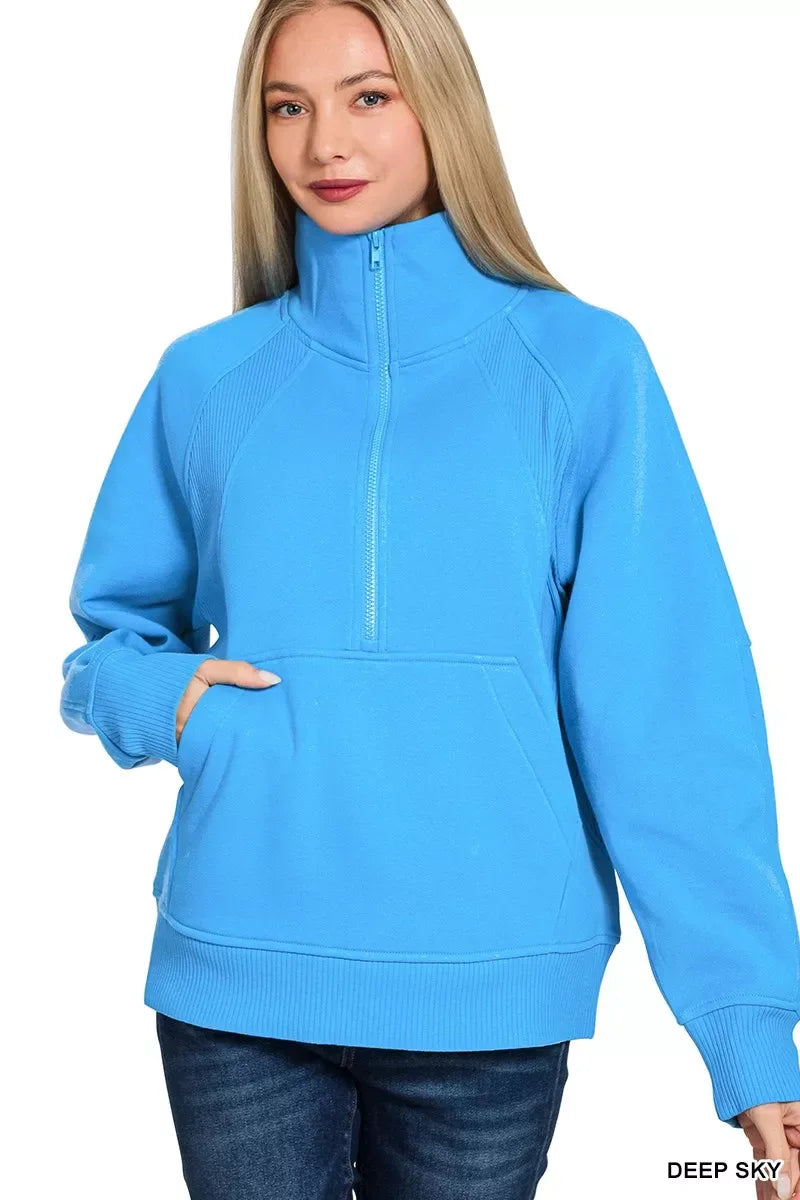 Zenana Half Zip Fleece Sweatshirt with kangaroo Pocket - Trendsi - Flyclothing LLC
