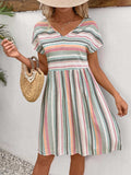 Striped V-Neck Short Sleeve Dress - Trendsi - Flyclothing LLC