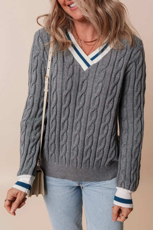 Cable-Knit V-Neck Long Sleeve Sweater - Trendsi - Flyclothing LLC