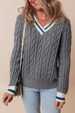 Cable-Knit V-Neck Long Sleeve Sweater - Trendsi - Flyclothing LLC