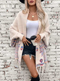 Fringe Geometric Open Front Long Sleeve Cape - Trendsi - Flyclothing LLC