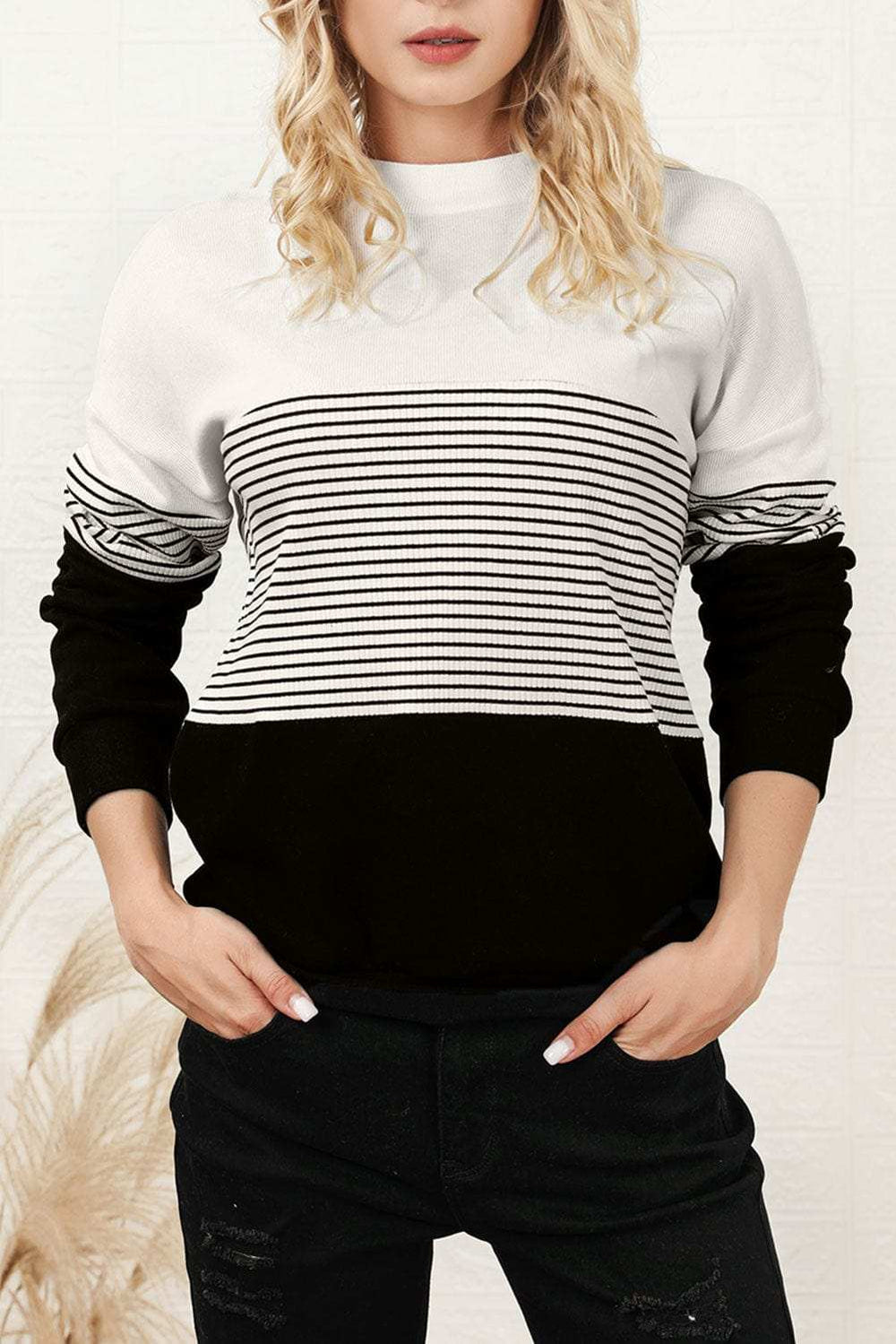 Striped Color Block Long Sleeve Knit Top - Trendsi - Flyclothing LLC