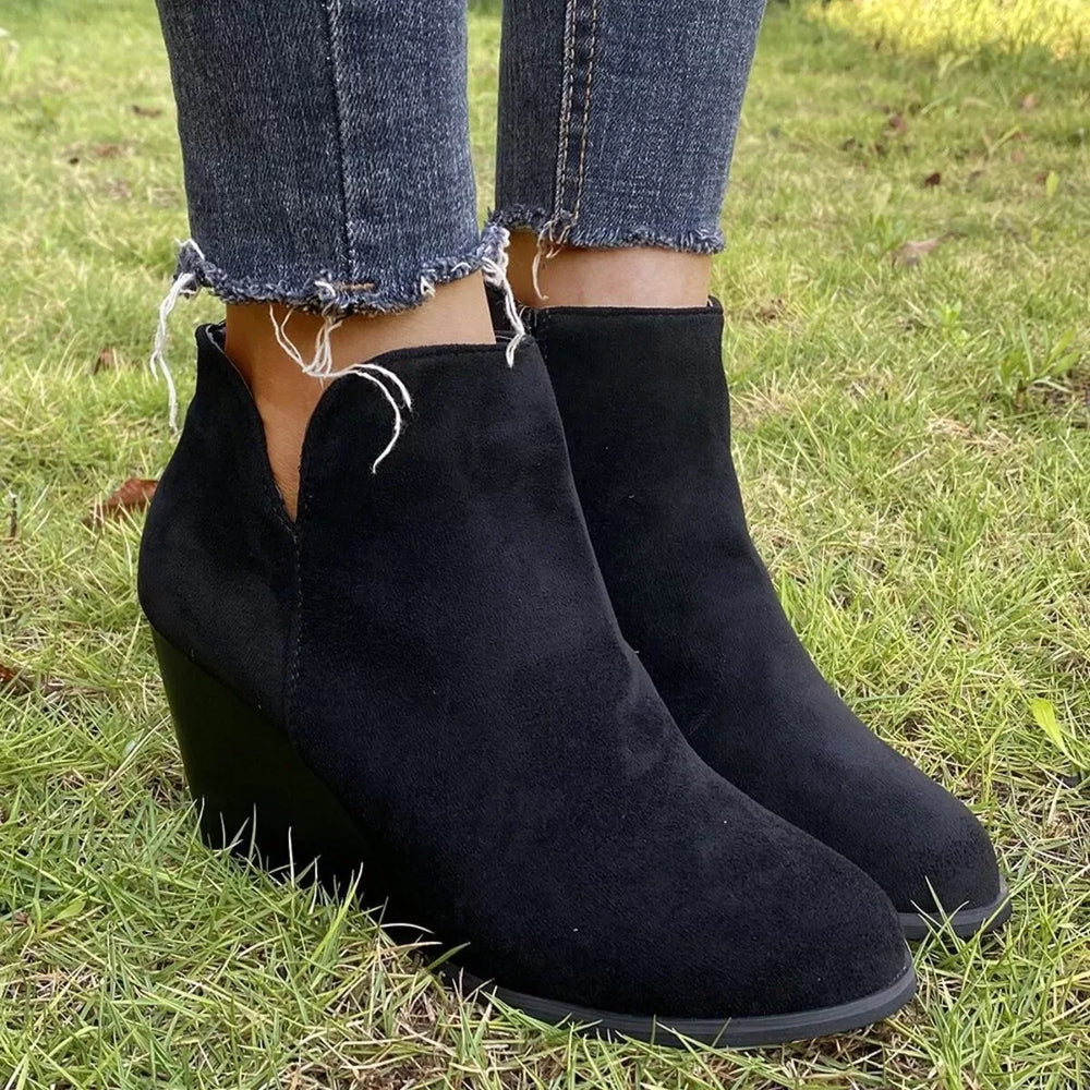 Round Toe Wedge Ankle Boots - Trendsi - Flyclothing LLC