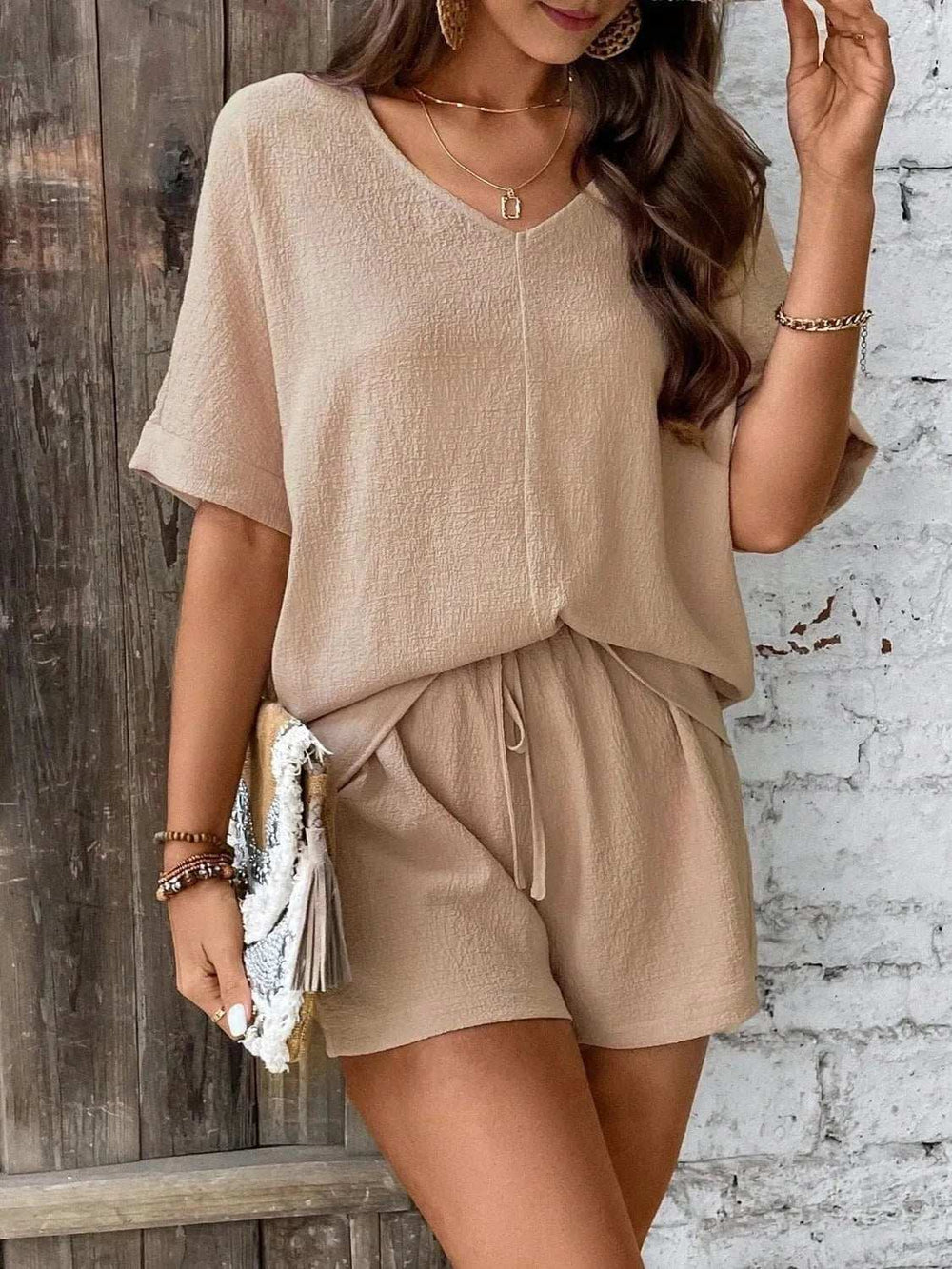 V-Neck Half Sleeve Top and Shorts Set - Trendsi - Flyclothing LLC