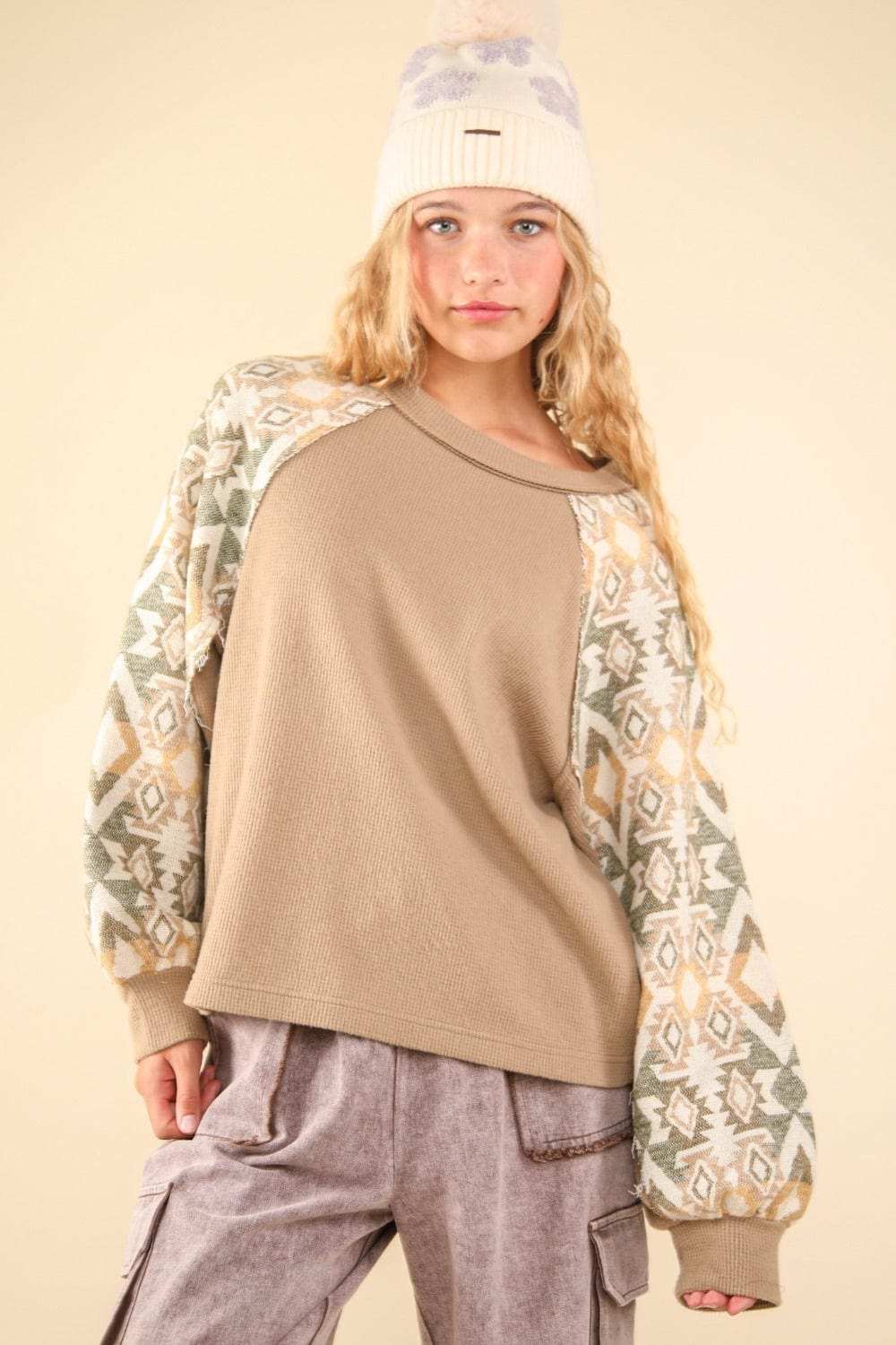 VERY J Printed Long Sleeve Round Neck Knit Top - Trendsi - Flyclothing LLC