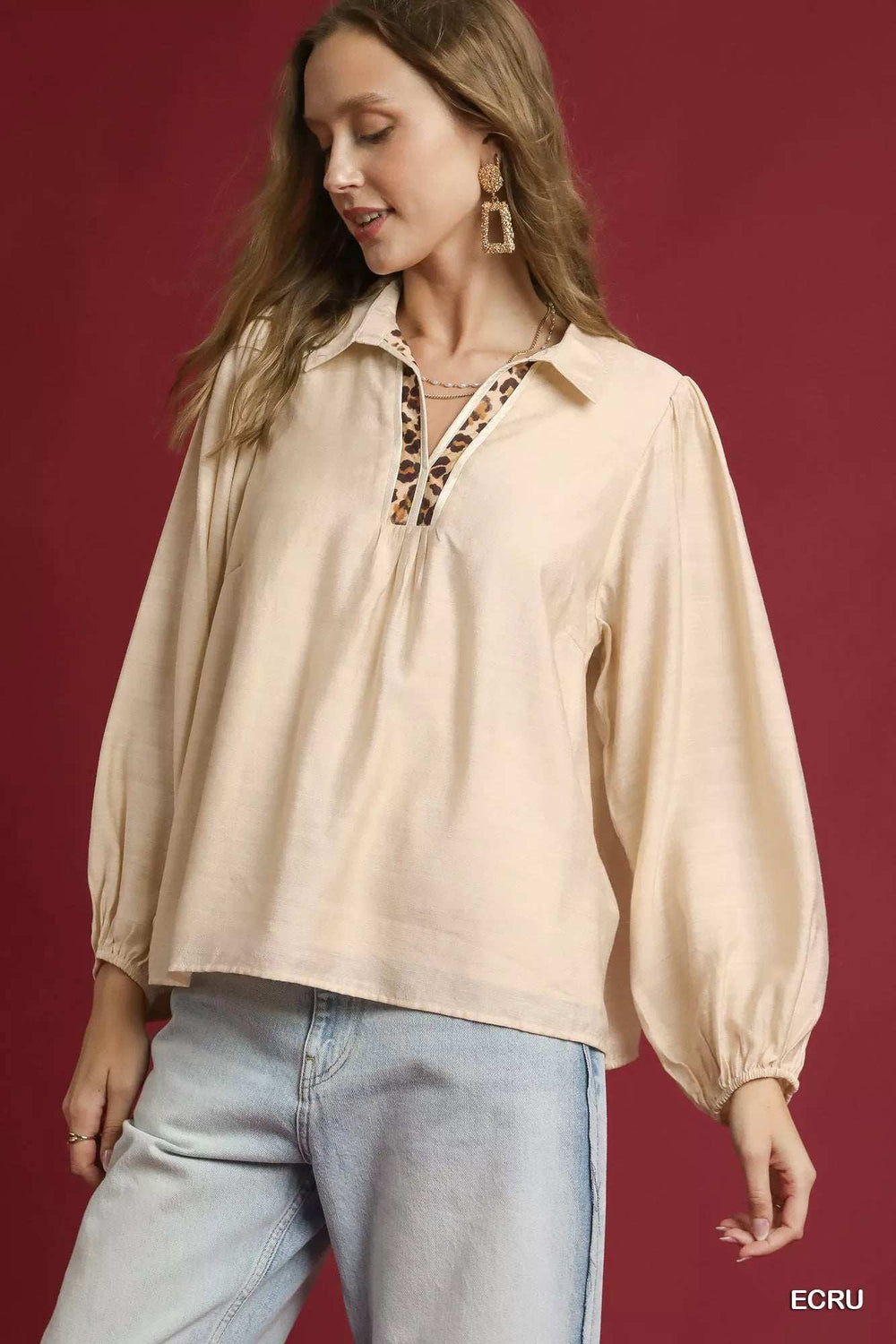 Umgee Long Sleeve Blouse with Leopard Print Trim - Trendsi - Flyclothing LLC
