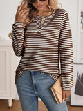 Striped Button Detail Long Sleeve Top - Trendsi - Flyclothing LLC