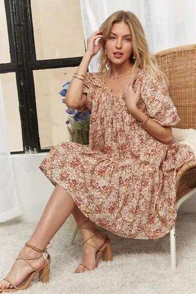 ADORA Floral Square Neck Puff Sleeve Dress - Trendsi - Flyclothing LLC