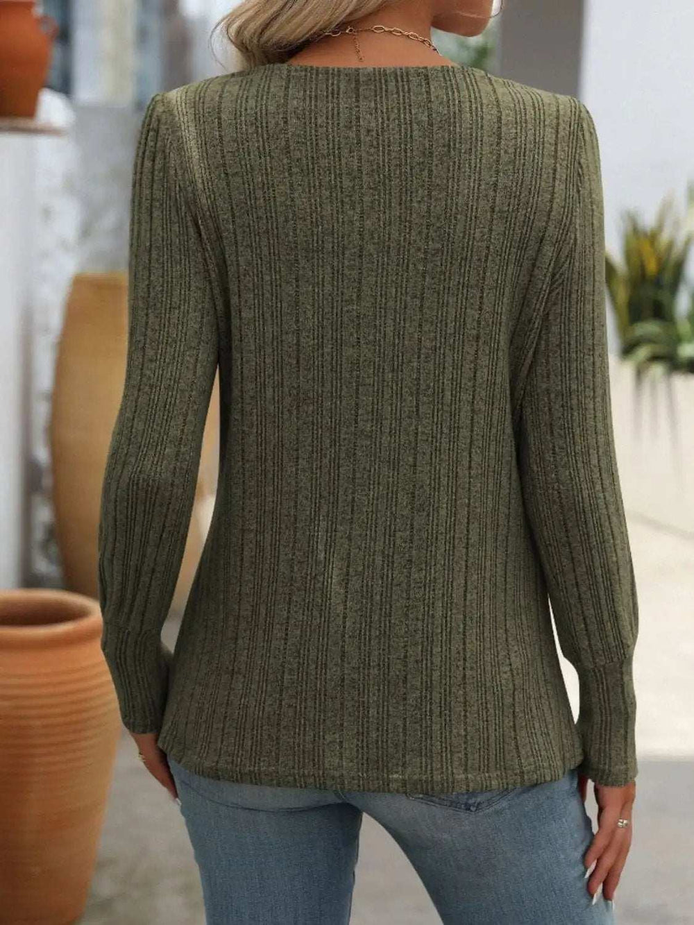 Decorative Button Striped Square Neck Long Sleeve T-Shirt - Trendsi - Flyclothing LLC