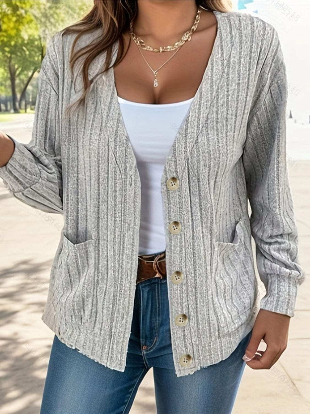 Full Size Button Up V-Neck Long Sleeve Cardigan - Trendsi - Flyclothing LLC