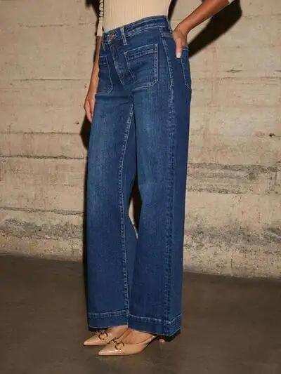 High Rise Front Pocket Patch Wide Leg Jeans - Trendsi - Flyclothing LLC