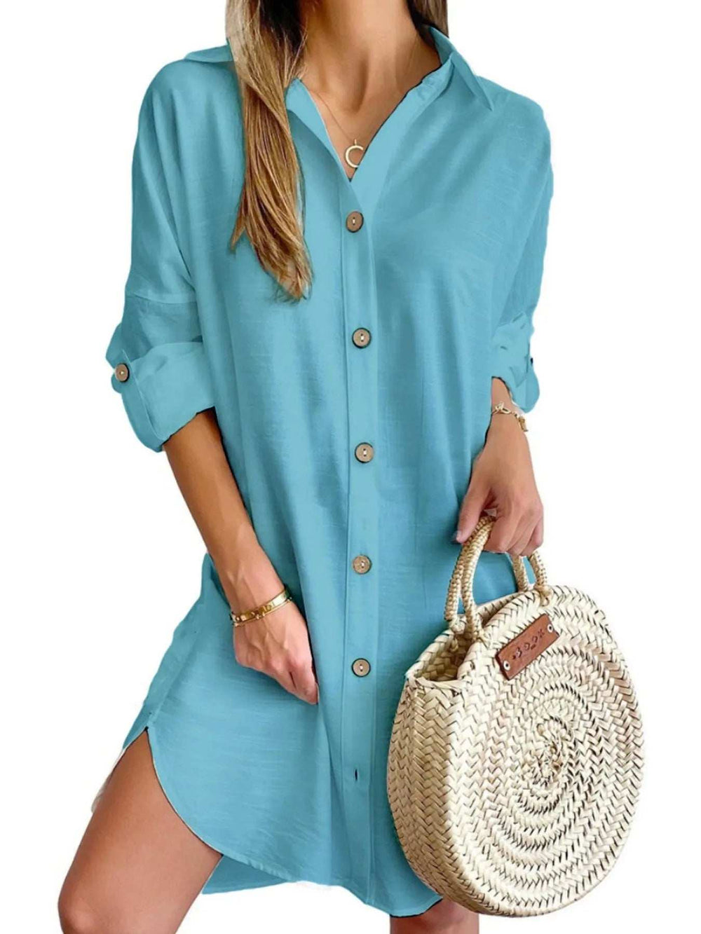 Button Down Long Sleeve Shirt Dress - Trendsi - Flyclothing LLC