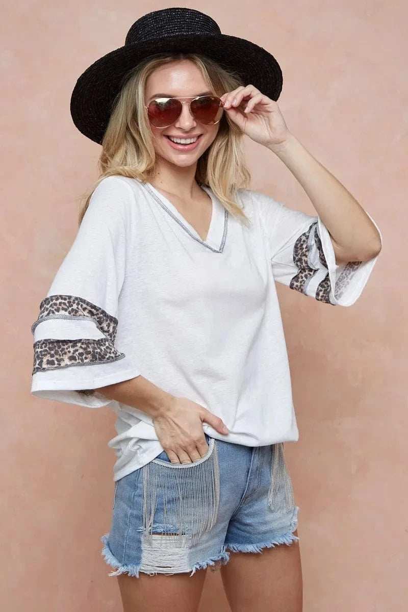 BiBi Triblend Knit Top with Leopard Band Detail - Trendsi - Flyclothing LLC