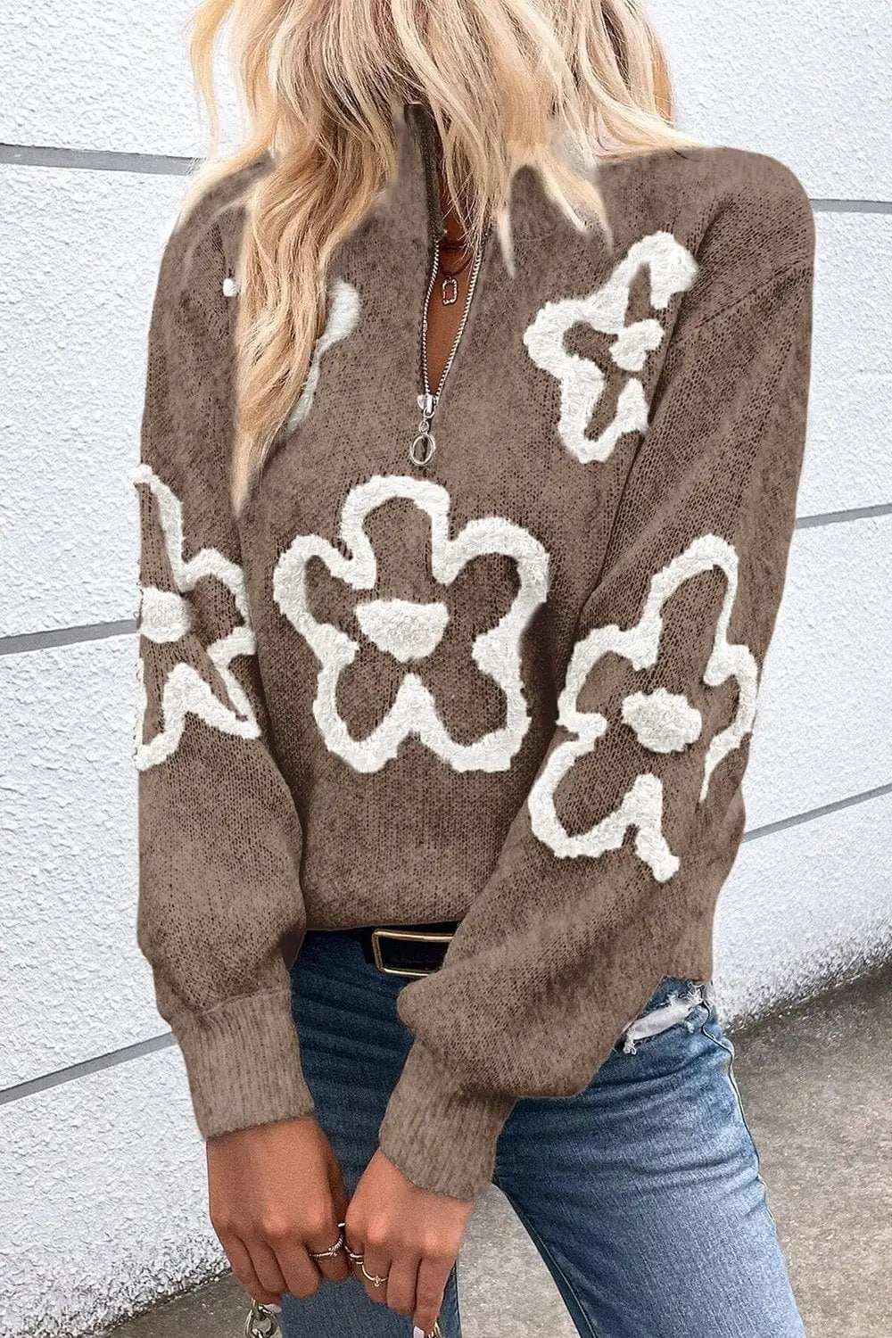 Flower Half Zip Dropped Shoulder Sweater - Trendsi - Flyclothing LLC