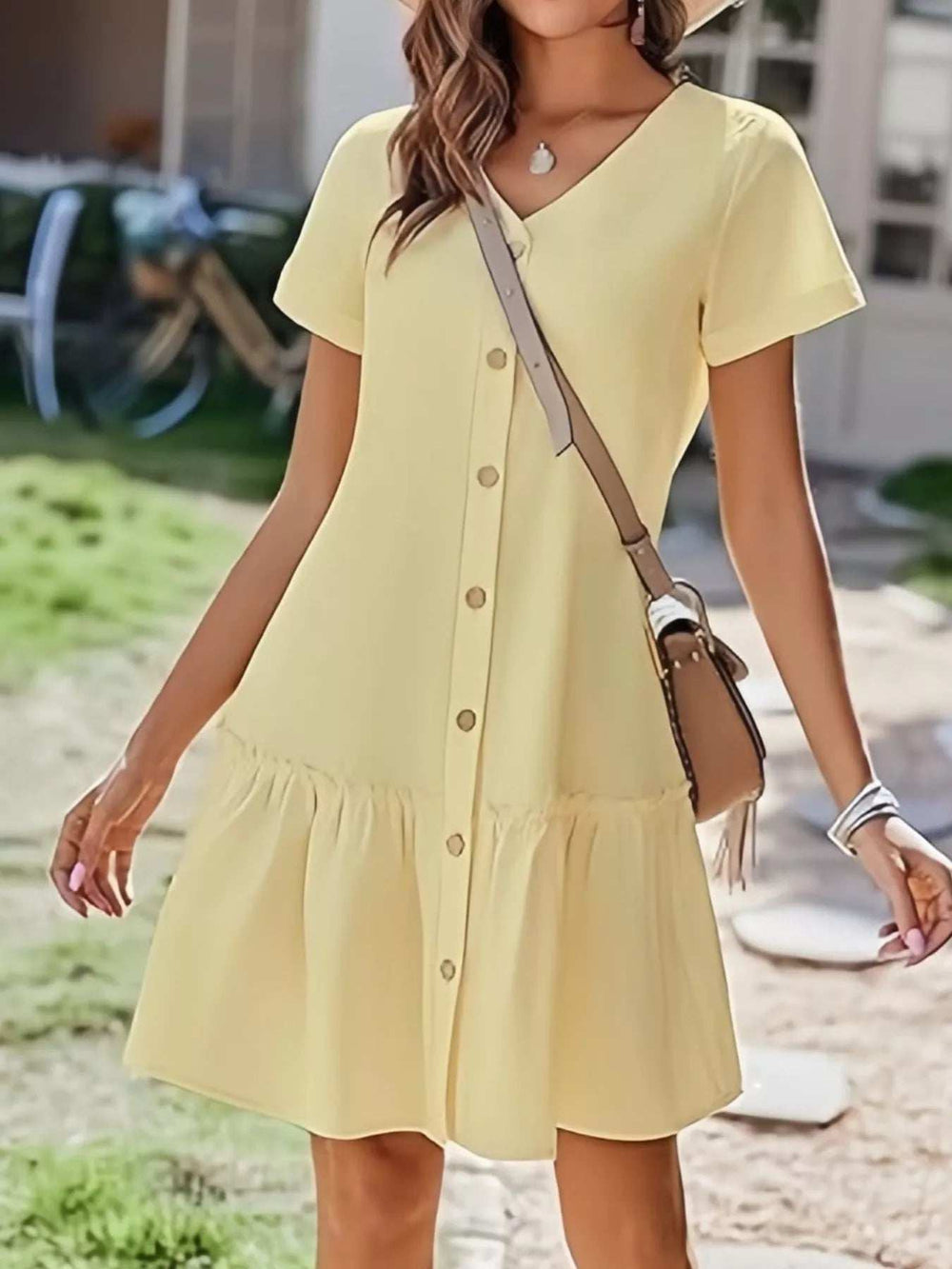 Full Size Button-Front Short Sleeve Tiered Dress Plus Size - Trendsi - Flyclothing LLC