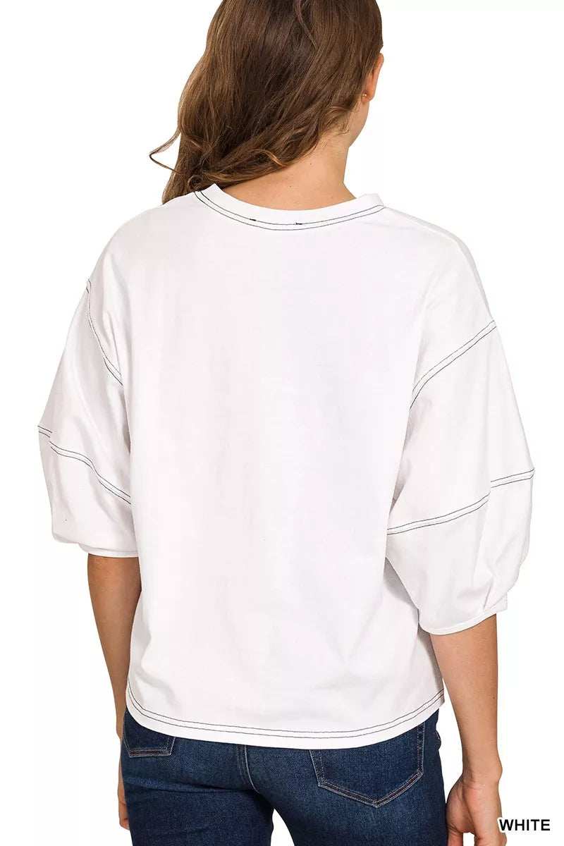 Zenana Balloon Sleeve Top with Contrast Stitching - Trendsi - Flyclothing LLC