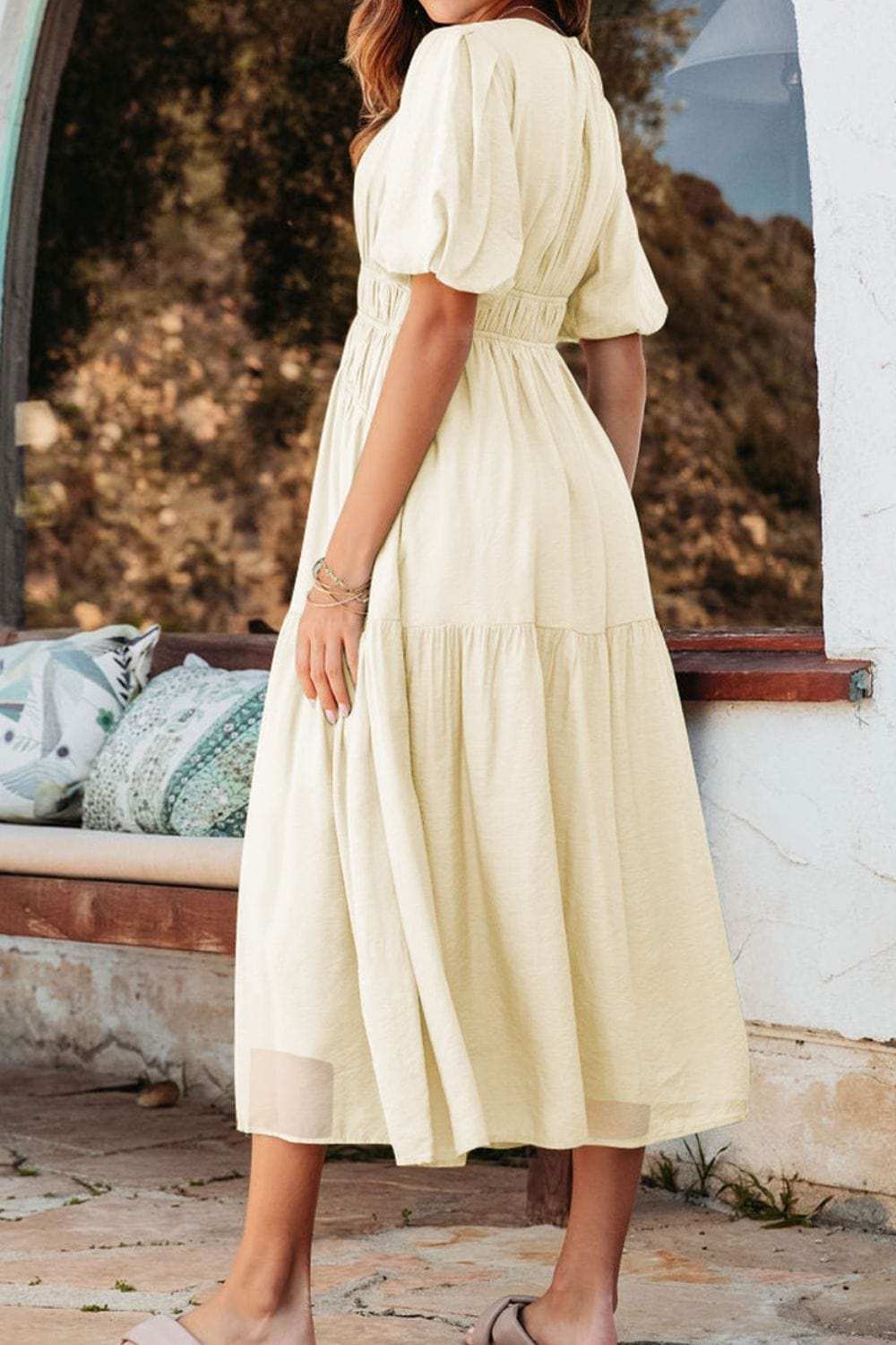 Puff Sleeve Pleated High Waist Flowy Midi Dress - Trendsi - Flyclothing LLC