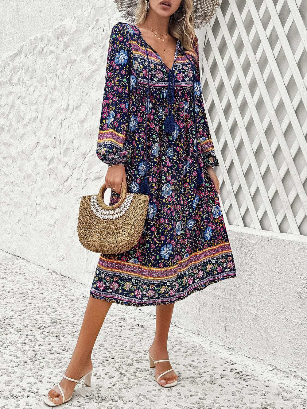 Tassel Tied Printed Long Sleeve Dress - Trendsi - Flyclothing LLC