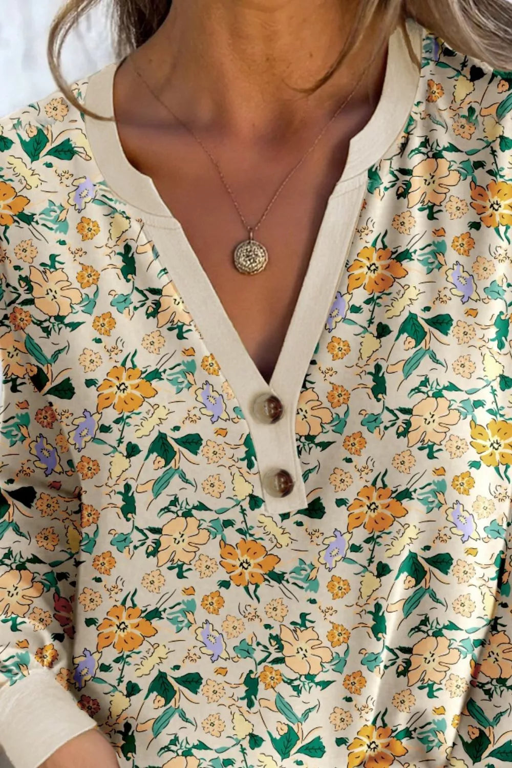 Floral Print Notched Long Sleeve Blouse - Trendsi - Flyclothing LLC