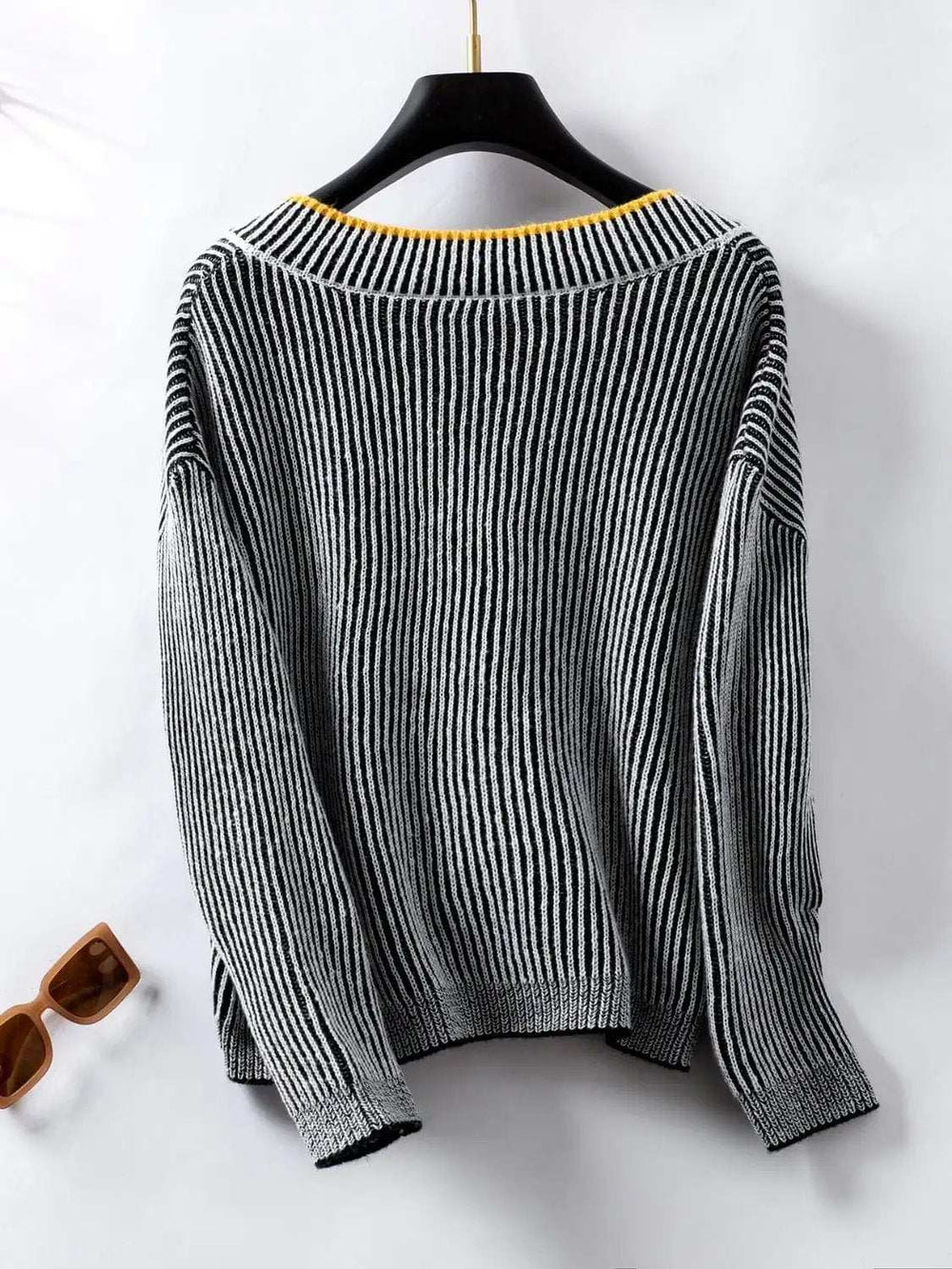 Striped V-Neck Long Sleeve Sweater - Trendsi - Flyclothing LLC