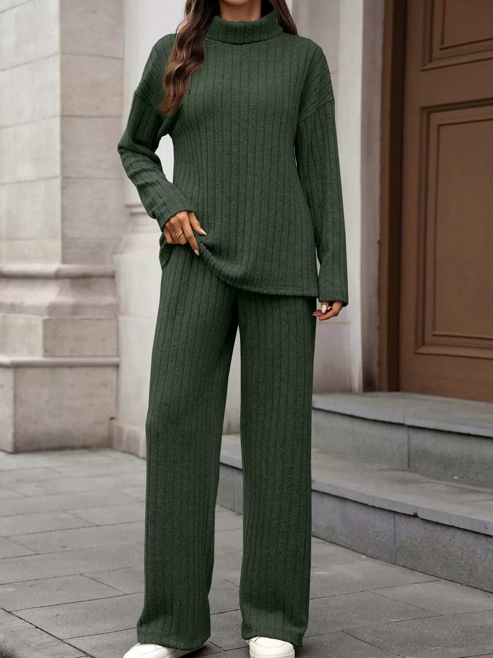 Ribbed Turtleneck Dropped Shoulder Top and Pants Sweater Set - Trendsi - Flyclothing LLC