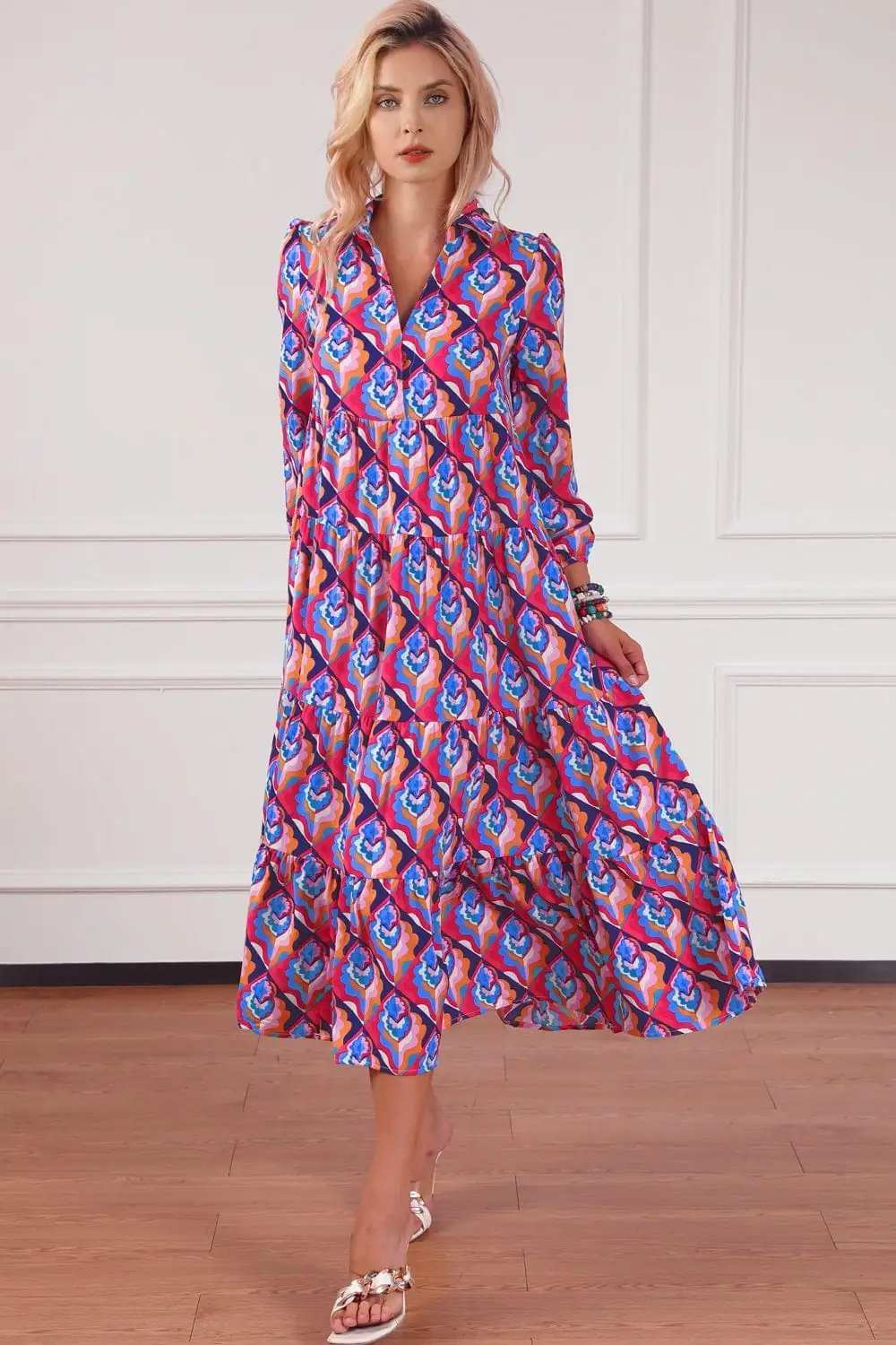 Printed Collared Neck Long Sleeve Midi Dress - Trendsi - Flyclothing LLC