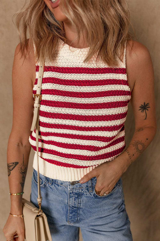 Stripe Textured Knit Ribbed Hem Sweater Tank - Trendsi - Flyclothing LLC