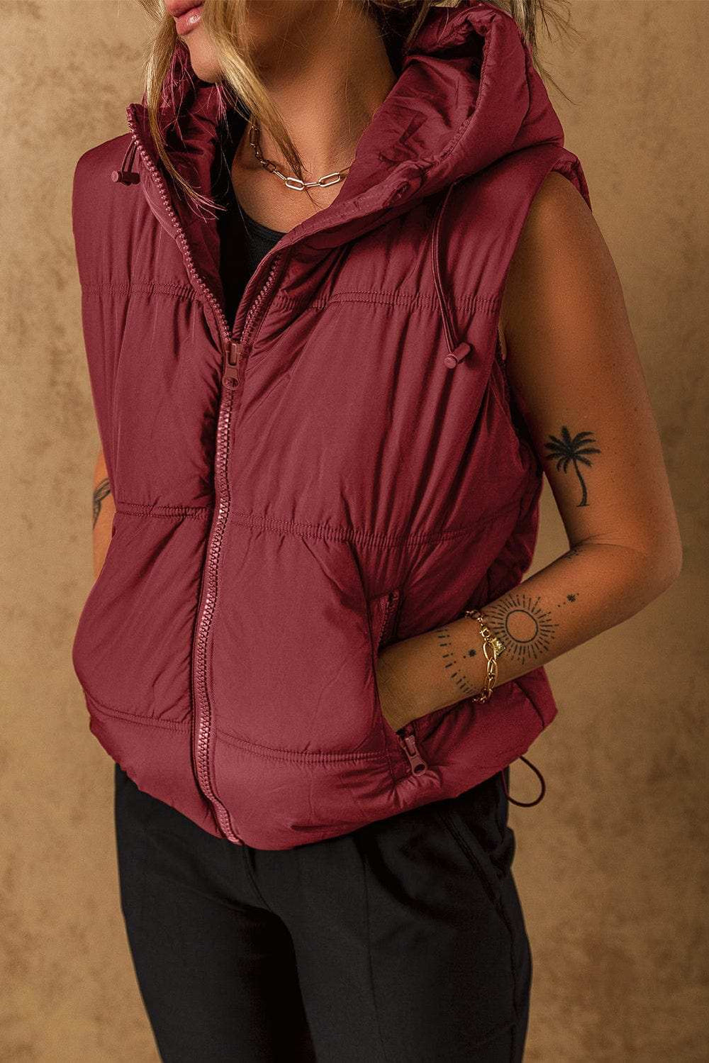 Drawstring Zip Up Hooded Vest Coat - Trendsi - Flyclothing LLC